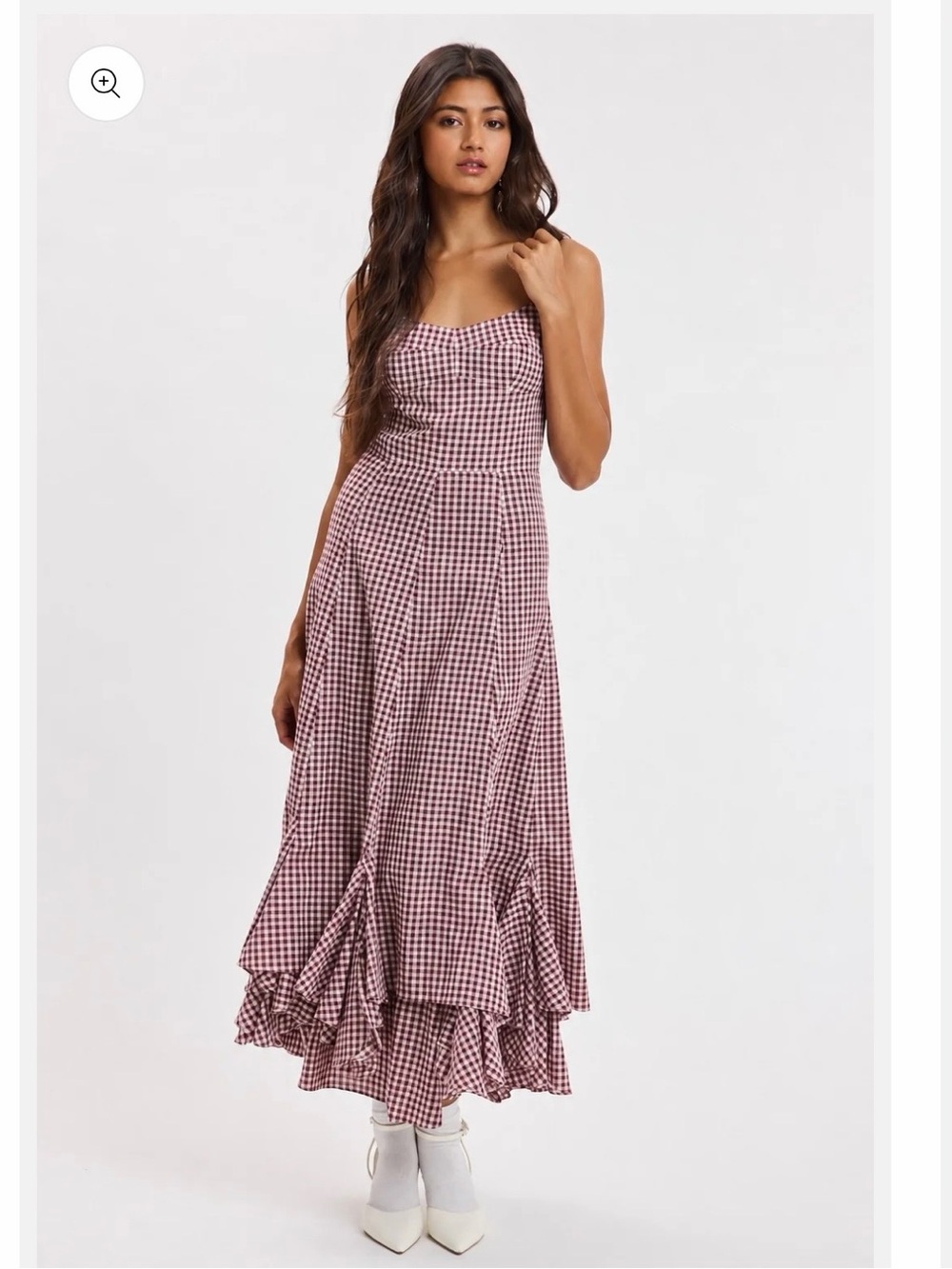 Gingham Ruffle Maxi Dress in Mauve and White